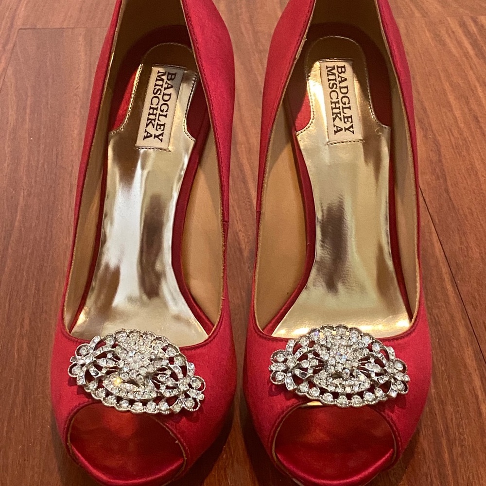 Badgley Mischka Red Satin Peep-Toe Heels with Crystal Brooch